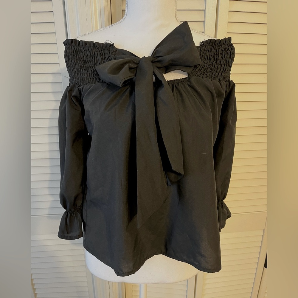 Off shoulder Smocked Blouse with Tie Front and Cuffed Sleeves